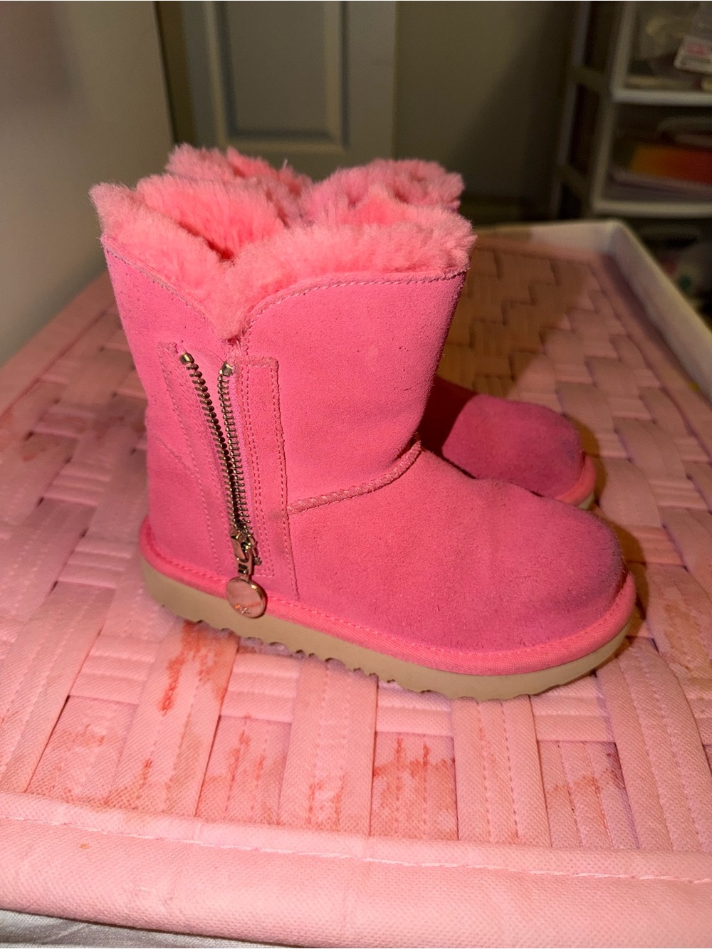 UGG Kids Pink Suede Faux-Shearling Zip Boots